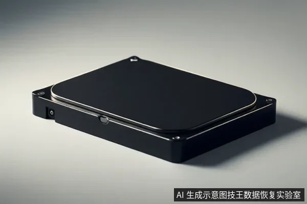 灰色渐变背景上放置一个黑色方形硬盘状设备,顶面平整,边缘有金属包边和螺丝孔,侧面可见接口区域。