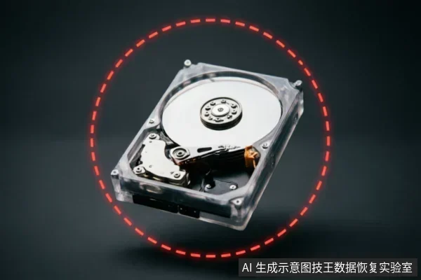 一张展示打开外壳的机械硬盘内部结构的图片,清晰可见金属磁盘盘片、读写磁头臂及中心主轴。硬盘周围环绕着一圈红色的虚线光晕,背景为深色,突出了硬件主体与数据恢复的主题。