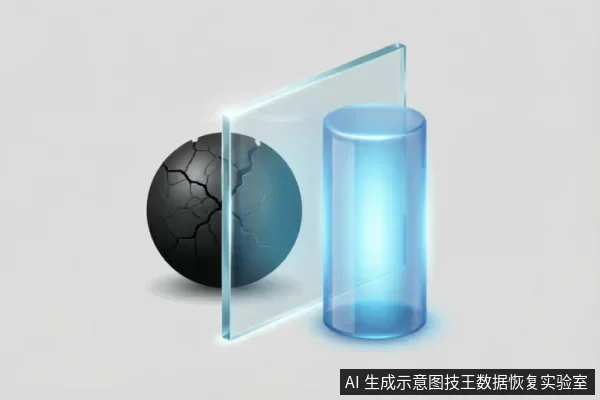 画面展示了一个表面布满裂纹的黑色球体,象征受损的机械硬盘介质。一道透明玻璃板将其与右侧发光的蓝色圆柱体隔开,寓意在数据恢复过程中建立隔离屏障,防止原始介质受到二次写入或破坏,强调只读评估与原始数据保护原则。