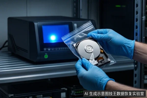 实验室金属工作台上,一双戴蓝色手套的手正持握一个装有机械硬盘的透明防静电袋,背景左侧有一台带蓝色屏幕的黑色设备。