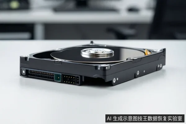 白色桌面上平放着一块裸露的机械硬盘,可见黑色盘片、中心主轴及侧面的数据与电源接口。