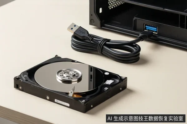 画面展示一个打开的机械硬盘,盘片、主轴和磁头臂清晰可见,旁边有一根USB数据线连接至一个黑色设备,背景为浅色桌面。