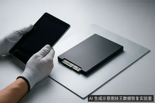 画面中一双戴着白色防静电手套的手正持握一台黑色平板电脑,旁边金属台面上放置着一块带有SATA接口的黑色固态硬盘。整体呈现出专业实验室环境下对电子存储设备进行隔离检测或数据评估的严谨操作场景。