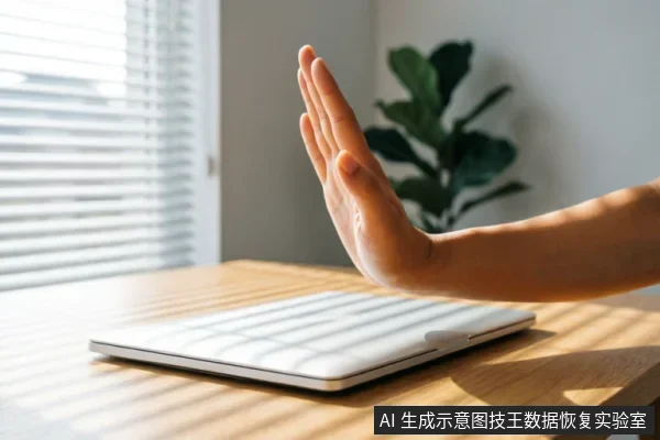 A hand making a stop gesture over a closed laptop on a wooden desk, symbolizing the instruction to cease using a malfunctioning storage device.
