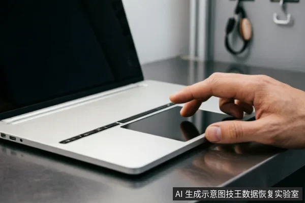 一只裸露的手正在操作银色笔记本电脑的触控板区域,电脑放置在深色反光桌面上,背景模糊可见挂墙工具。画面聚焦于人与设备的交互动作,未展示内部硬件或具体数据界面。