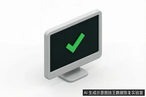 画面展示了一台浅灰色边框的电脑显示器,黑色屏幕中央显示着一个醒目的绿色立体对勾符号。该图像以极简风格呈现,象征系统检查通过、操作成功或文件状态正常的确认界面。