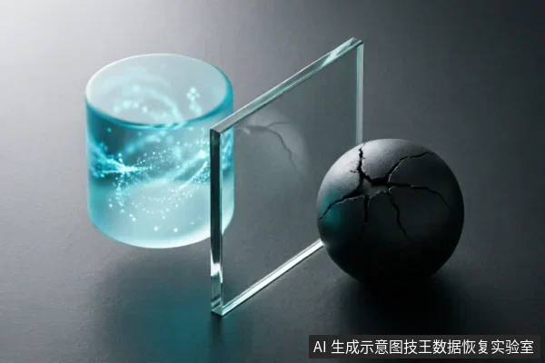 画面展示了一个发光的蓝色圆柱体与一块透明玻璃板，玻璃板后方是一个表面布满裂纹的黑色球体。该图像通过具象的对比隐喻了软件逻辑层（发光体）与物理硬件故障（破碎球体）之间的隔离与界限。