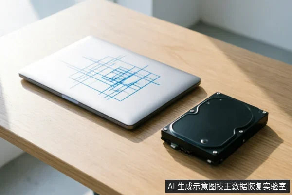 浅色木纹桌面上放置着一台合上的银色笔记本电脑,盖面印有蓝色几何线条图案。电脑右侧平放着一个黑色的机械硬盘,展示了其金属背板和固定螺丝结构,两者并排摆放,无连接线缆。