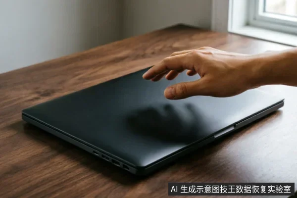 一只悬停在闭合黑色笔记本电脑上方的手,电脑放置在深色木纹桌面上,侧面可见接口,光线从右侧窗户射入。