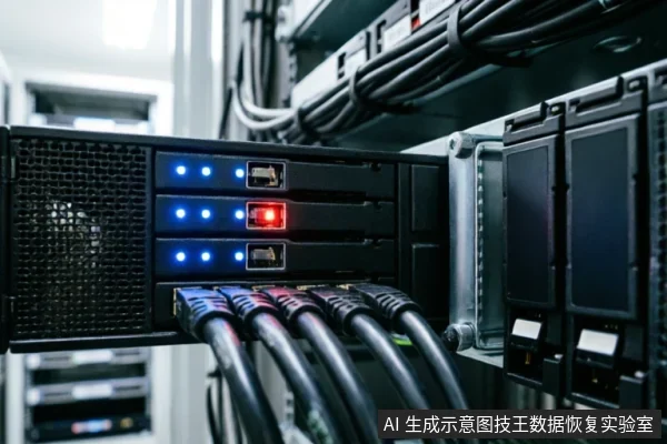 A server rack unit with blue and red status LEDs, connected to multiple thick network cables, representing data infrastructure hardware.