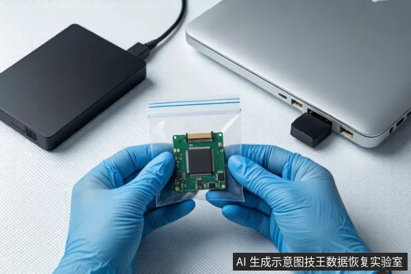 白色桌面上,前景一双戴蓝色手套的手持握一个装有绿色芯片电路板的透明防静电袋。背景左侧为黑色外接硬盘,右侧为银色笔记本电脑,硬盘通过线缆连接至电脑。