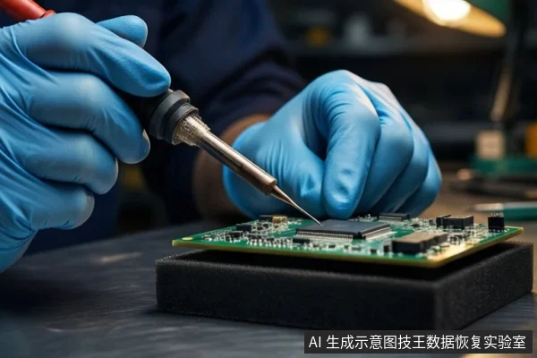 戴蓝色手套的双手在黑色泡沫垫上操作一块绿色电路板，右手持烙铁靠近芯片，左手扶住板面。