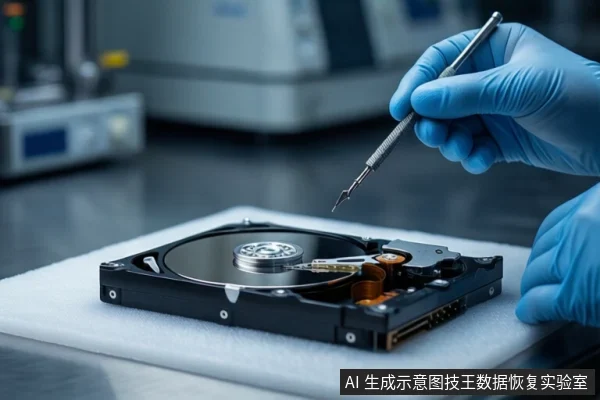 白色防静电垫上平放一块打开外壳的机械硬盘,可见盘片与磁头臂。右侧一只戴蓝色手套的手持细长金属工具悬停在硬盘上方,背景为模糊的实验室设备。