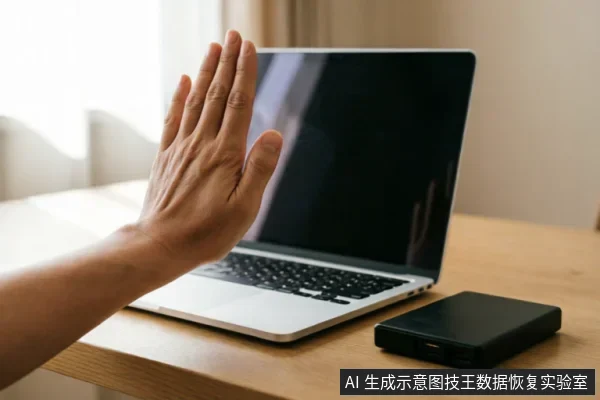 一只手掌在笔记本电脑屏幕前做出明显的停止手势,示意拒绝操作。电脑旁放置着一个黑色的外接存储设备,置于木质桌面上。画面直观传达了在面对硬盘故障时应立即停止通电和扫描、阻断写入行为的警示信息。