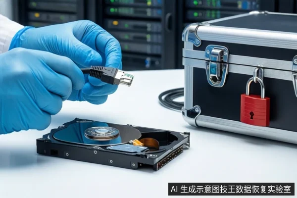 洁净室白色桌面上，前景一双戴蓝色手套的手持黑色SATA数据线插头，下方平放一块打开外壳的机械硬盘，右侧为挂有红色挂锁的银色金属防震箱，背景为模糊的服务器机柜。