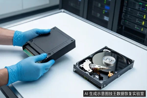 洁净室白色桌面上,戴蓝色手套的双手正持握一块闭合的黑色机械硬盘,右侧平放一块打开外壳的机械硬盘,背景可见服务器机柜。