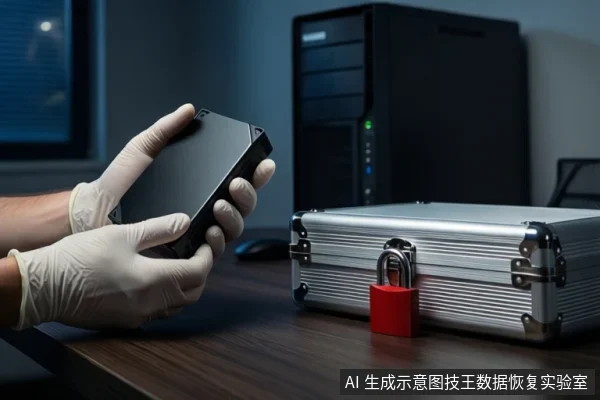 木质桌面上,左侧戴白手套的双手正持握一块黑色移动硬盘。右侧平放一个闭合的银色金属防震箱,箱体挂有红色挂锁。背景竖立一台黑色塔式主机,正面亮着绿色指示灯。
