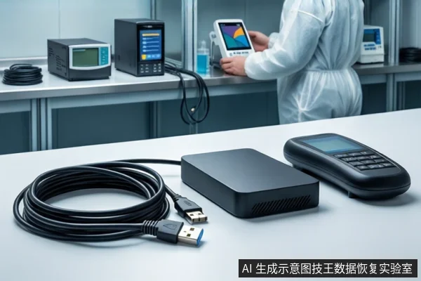 洁净室白色桌面上,前景平放一个黑色外接硬盘盒和一根盘绕的USB数据线,右侧有一个黑色手持设备。背景中一名穿无尘服的技术人员正在操作一台平板设备。