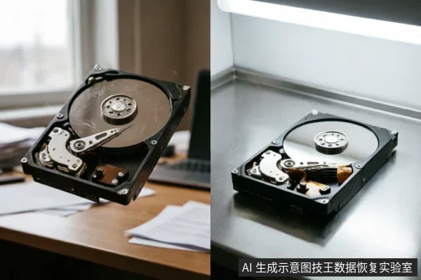 图片展示了两台外壳已打开的机械硬盘。左侧硬盘悬浮在普通办公桌上,背景可见纸张和窗户;右侧硬盘放置在金属质感的洁净台面上。画面通过对比展示了故障硬盘在常规环境与专业环境下的状态,强调保护原始介质的重要性。