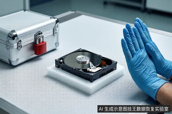 白色防静电工作台上,左侧放置挂有红色挂锁的银色金属防震箱,中间白色泡沫垫上平放一块打开外壳的机械硬盘,右侧前景一双戴蓝色手套的手掌心朝外做出停止手势。