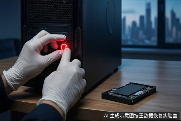 木质桌面上，左侧竖立一台黑色塔式主机，正面电源按钮亮红灯。前景一双戴白手套的手正在按压该按钮。右侧平放一块打开外壳的机械硬盘，露出盘片与磁头组件。背景为模糊的城市夜景。