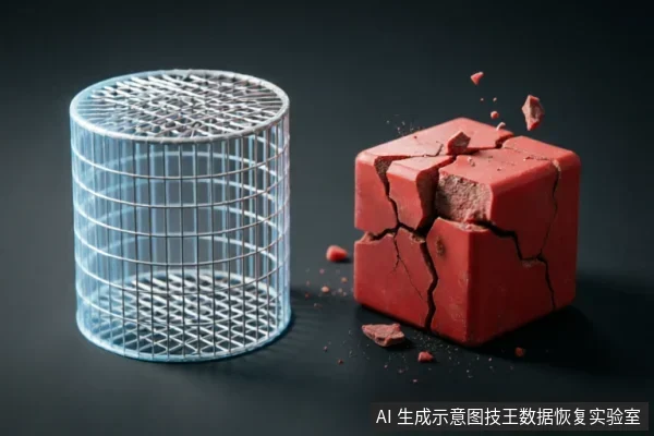 画面左侧为一个银色金属网格圆柱笼,右侧为一个正在崩裂破碎的红色立方体块,碎片飞溅。该图像通过具象化的物理结构破坏与封闭空间,隐喻存储硬件层面的严重故障或物理损伤,象征软件无法触及的底层问题。