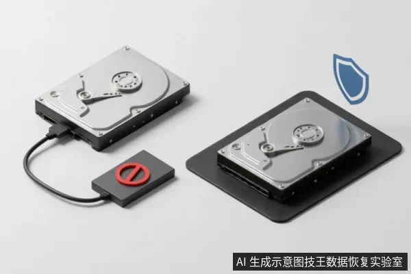 图中展示两块机械硬盘的对比状态:左侧硬盘连接带有红色禁止符号的设备,示意严禁通电或扫描;右侧硬盘放置于黑色防静电垫上,上方有蓝色盾牌图标,象征原始介质保护。画面直观传达了故障硬盘应停止操作并安全存放的原则。