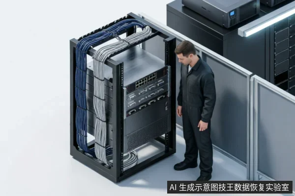 一名身穿深色工作服的工程师站在大型黑色服务器机柜旁，低头查看设备状态。机柜侧面整齐捆绑着大量蓝色和灰色的网络线缆，背景为洁净的数据中心环境，展示了专业硬件维护与物理连接检查的场景。