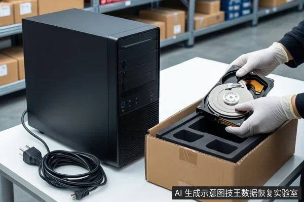 仓库环境中,白色桌面上左侧放置一台黑色台式主机和盘绕的电源线,右侧一双戴白色手套的手正握持一块打开外壳的机械硬盘,悬停在装有黑色防震泡沫的棕色纸箱上方。背景可见货架和堆叠的纸箱。