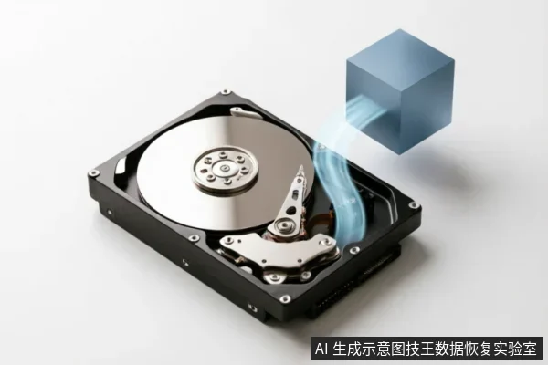 一块外壳打开的机械硬盘,内部磁盘与磁头结构清晰可见。一道蓝色的半透明光束从硬盘中心区域流向右侧悬浮的蓝色立方体,象征数据提取或逻辑读取过程。背景为纯净的灰白色,无多余杂物。
