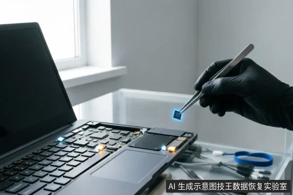 一只戴着黑色防静电手套的手使用镊子夹持一枚发光的微型芯片,悬停在拆解状态的笔记本电脑上方。背景为洁净的工作台,散落着数据线和蓝色扎带,展示了专业硬件检测或数据恢复的精密操作场景。