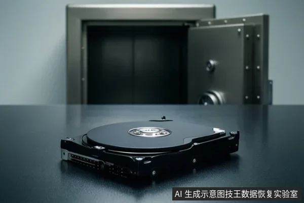 画面前景为一张深色桌面,上面放置着一块拆下外壳的机械硬盘,可见圆形盘片与接口;背景是一扇打开的金属保险柜门,柜内为黑色空间。