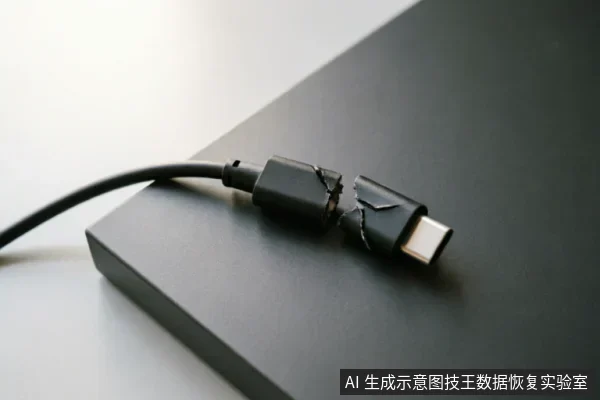 一根黑色的USB Type-C数据线在接口连接处严重断裂,外皮破损露出内部结构,线缆被折断成两截放置在一个深灰色的矩形电子设备边缘。
