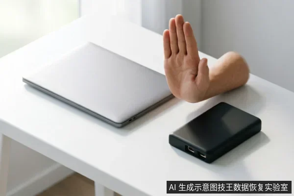 A hand makes a stop gesture over a closed laptop and external hard drive on a white desk, symbolizing the warning to halt operations before data recovery.