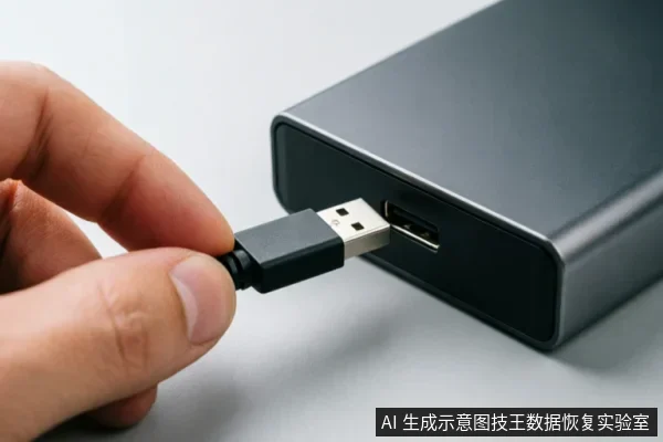 画面特写展示了一只手正将USB数据线的接口对准并插入银灰色移动硬盘盒侧面的端口,模拟检查或连接外部存储设备的操作。