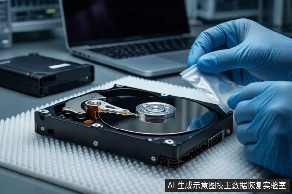 白色防静电垫上平放一块打开外壳的机械硬盘,可见盘片与磁头臂。右侧一双戴蓝色手套的手持透明防静电袋。左侧有一个黑色外接硬盘盒,背景为模糊的笔记本电脑和服务器机柜。