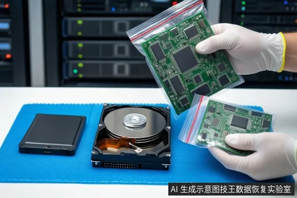蓝色防静电垫上平放一块黑色固态硬盘和一块裸露的机械硬盘,一双戴白手套的手正分别握持两块装在透明自封袋中的绿色电路板,背景为模糊的服务器机柜。