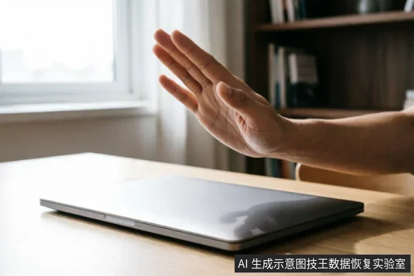 一只手掌在闭合的笔记本电脑上方做出明显的停止手势，示意立即中断操作。背景为明亮的室内桌面环境，强调对设备采取紧急制动、禁止写入或通电的保护措施。