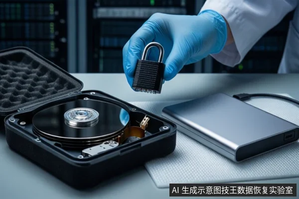 白色防静电工作台上,左侧打开的黑色防震箱内放置一块机械硬盘,右侧平放一个银色外接硬盘盒。一只戴蓝色手套的手持黑色挂锁悬停在硬盘上方。背景为模糊的服务器机柜。