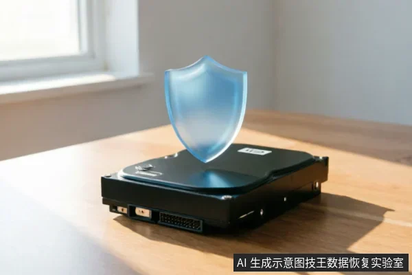 一块黑色的机械硬盘静置于木质桌面上，上方悬浮着一个半透明的蓝色盾牌图标。阳光从左侧窗户射入，象征对硬盘数据的保护与安全防御。