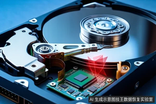 蓝色背景下,一块打开外壳的机械硬盘平放,露出盘片、磁头组件和绿色电路板,电路板上方有红色几何碎片示意故障。