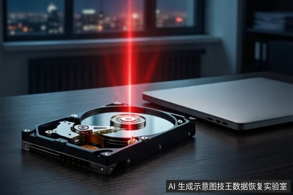 深色桌面上平放一块打开外壳的机械硬盘,可见盘片、主轴和磁头臂,盘片上方有一道红色垂直光束。右侧平放一台银色笔记本电脑,屏幕关闭。背景为模糊的窗户和城市夜景。