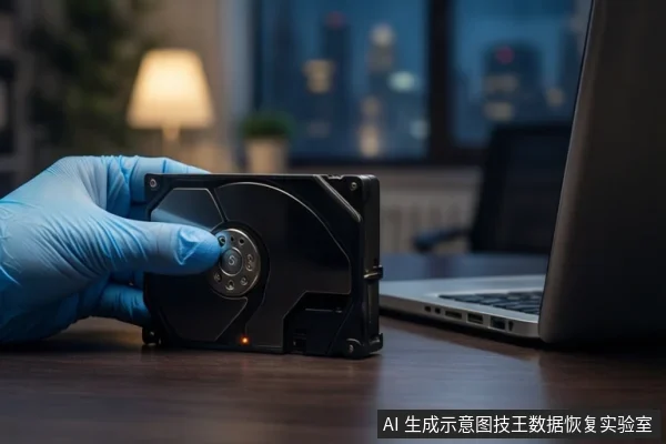 深色木桌上,一只戴蓝色手套的手持握一块打开外壳的黑色机械硬盘,右侧是一台银色笔记本电脑,背景为模糊的台灯和窗户。