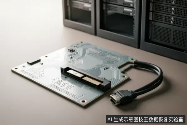 一块带有SATA数据线和电源接口的硬盘电路板平放在桌面上,背景为模糊的服务器机柜。画面展示了存储设备的硬件连接结构及内部组件细节。