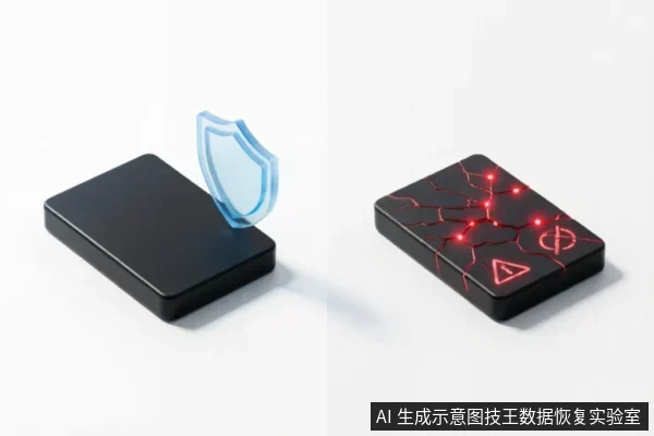 图片展示了两个黑色移动硬盘的对比示意图。左侧硬盘完好,上方悬浮着蓝色透明盾牌图标,象征数据安全与保护;右侧硬盘表面布满红色裂纹,伴有发光的红色警示灯和禁止符号,象征物理损坏或逻辑故障。