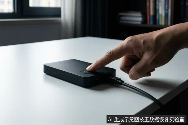 一只手正在按压白色桌面上一个黑色外接存储设备的按钮,设备连接着数据线。