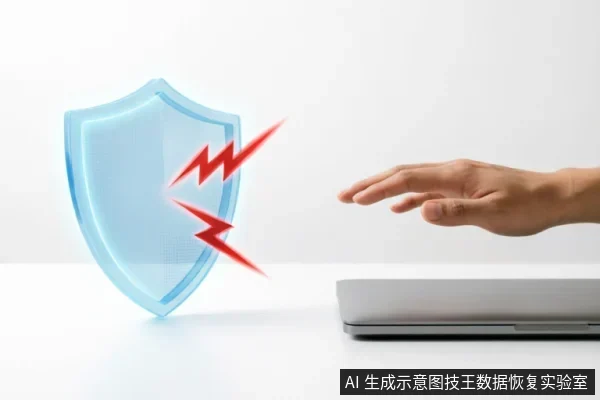 一只悬停在笔记本电脑旁的手，旁边竖立着一个发光的蓝色盾牌，盾牌表面有红色闪电状裂痕，象征数据安全防护或风险阻断。