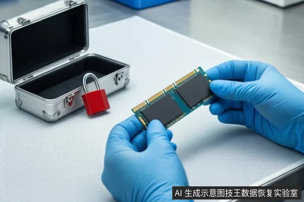 白色桌面上,左侧是一个打开的银色金属防震箱,箱内挂着一把红色挂锁。右侧一双戴蓝色手套的手正持握一块绿色的M.2固态硬盘。