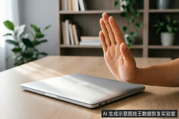 一只手掌在闭合的银色笔记本电脑前做出明显的“停止”手势,示意拒绝操作或切断连接。背景为模糊的书架和绿植,光线明亮,传达出立即停止通电、避免进一步损坏的警示含义。