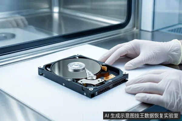 洁净室白色桌面上,前景平放一块打开外壳的机械硬盘,露出盘片与磁头组件。右侧一双戴白手套的手平放在桌边,背景为实验室环境。